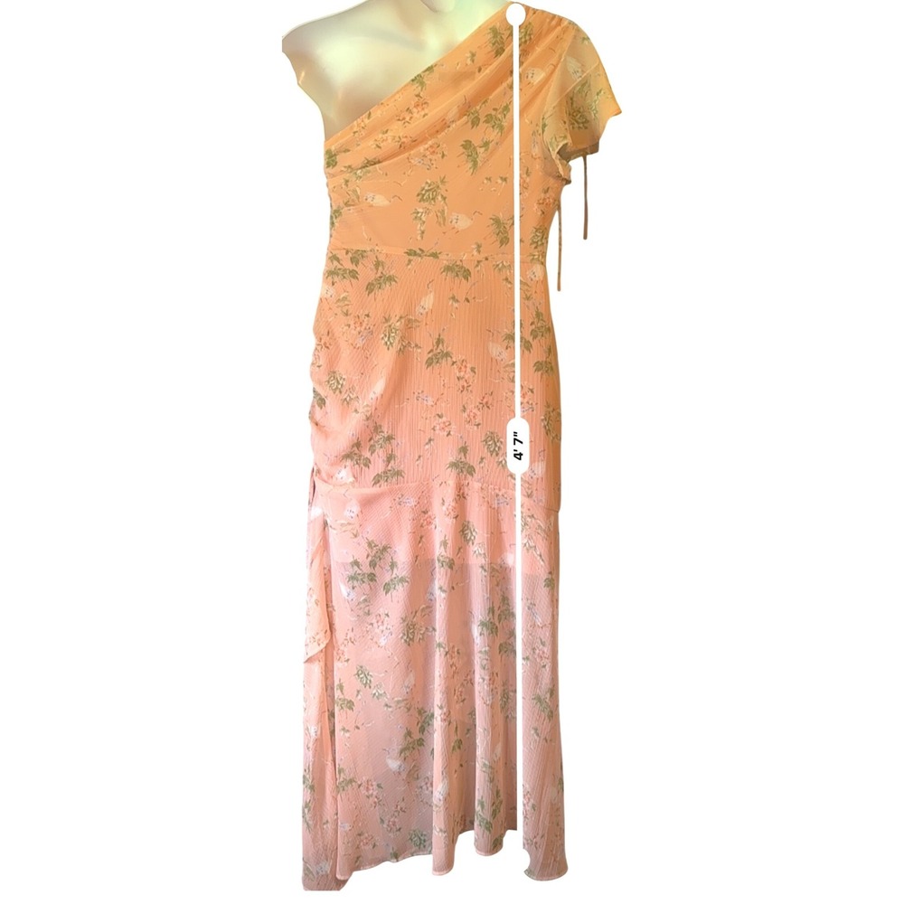 Banana Republic L One Shoulder Peach Floral Ruched Midi Slip Wedding Guest Dress - Picture 11 of 14